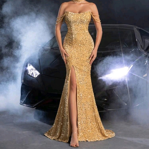 Chain Detail Split Thigh Mermaid Hem Sequin Wedding Dress,Wedding Event Dress - Picture 4 of 4